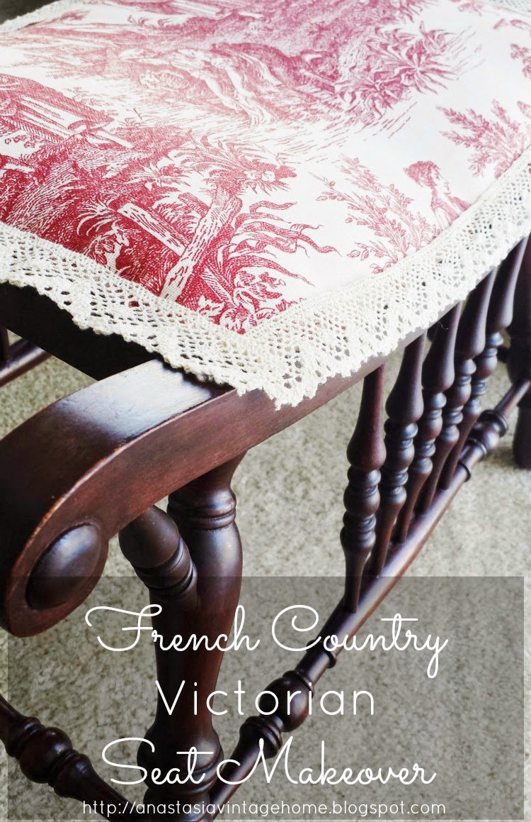 French Country Victorian Red Toile Upholstery Seat Makeover Mahogany Wood Restoration 