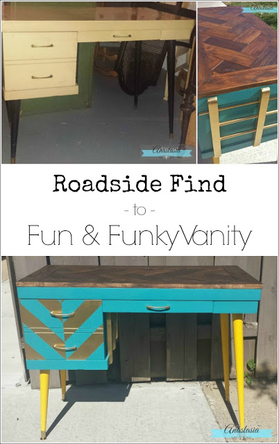 A roadside mid-century desk made over with a new herringbone planked top and chevron details | Furniture makeover by Anastasia Vintage
