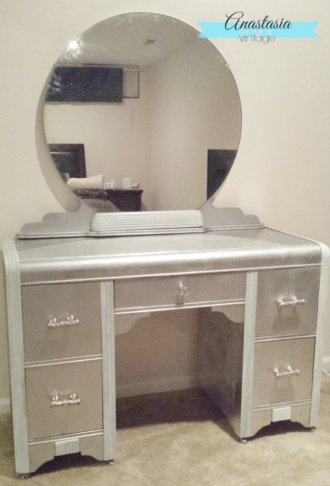 Faux Silver Leaf Art Deco Vanity with Rustoleum metallic spray paint