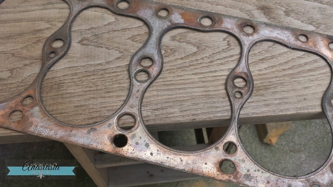 repurposing car engine gasket fall decor copper patina