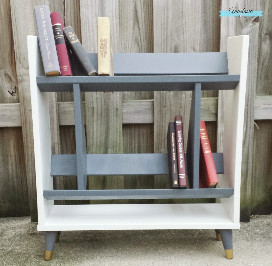 grey and white mid century modern bookcase