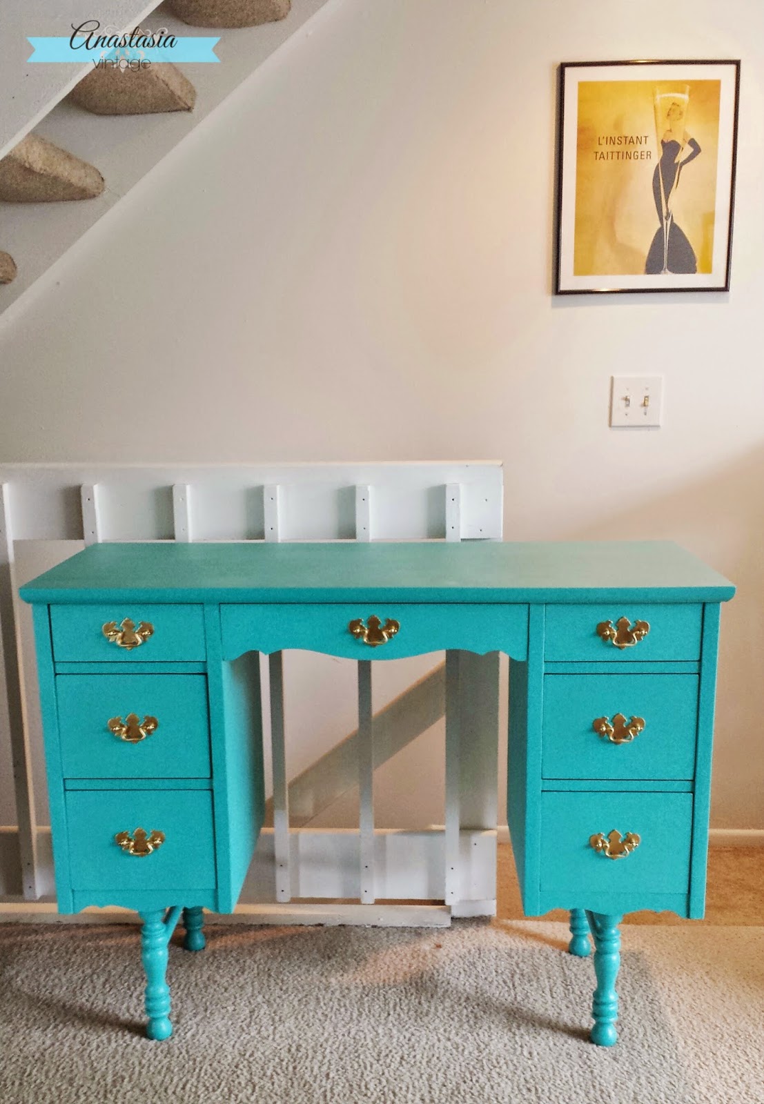 vintage vanity painted teal after photo