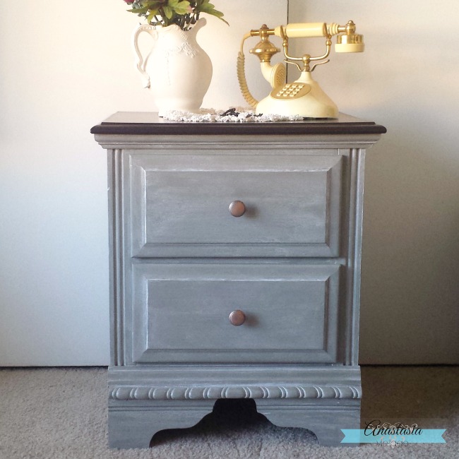 Anastasia Vintage transformed an outdated nightstand with General Finishes new Chalk Style Paint in Empire Grey - see the full makeover here!