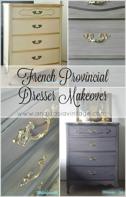 An outdated french provicial dresser brought up-to-date with General Finishes Milk Paint in Driftwood, and Pitch Black and Burnished Pearl Effects Glazes | Furniture makeover by Anastasia Vintage