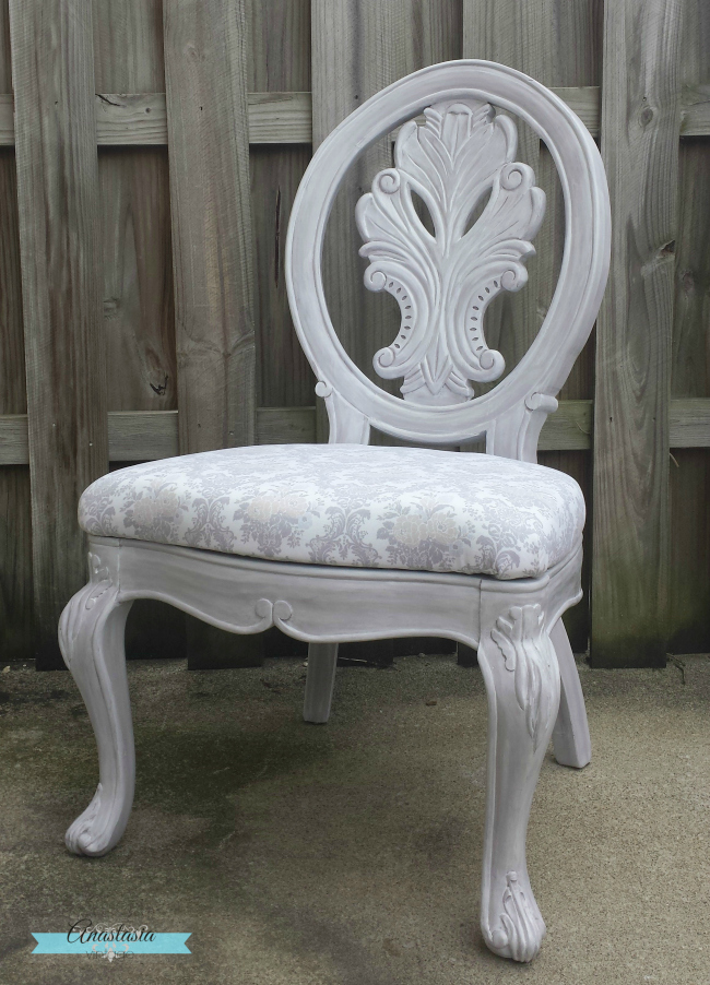 lilac painted carved wood chair damask upholstery after