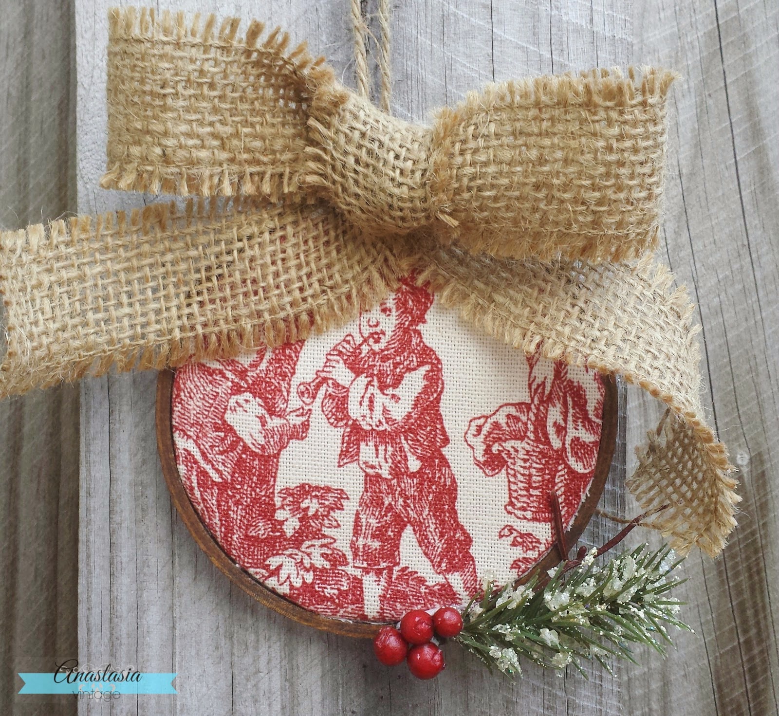 red toile burlap Christmas ornament