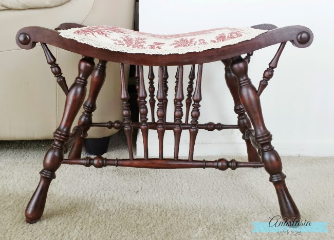 French Country Victorian Red Toile Upholstery Seat Makeover Mahogany Wood Restoration