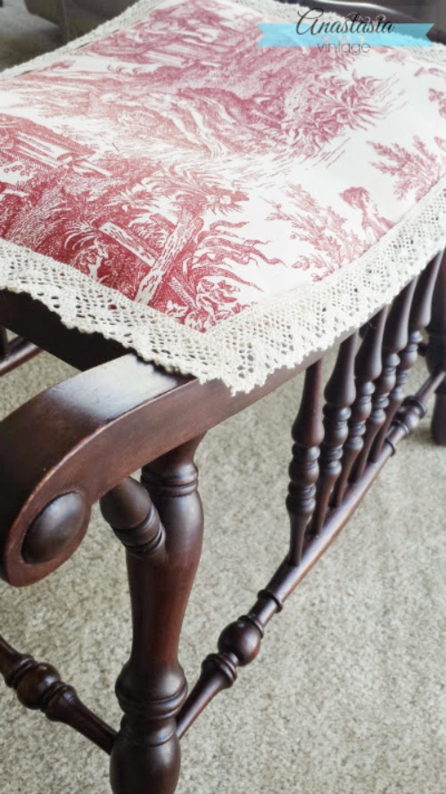 French Country Victorian Red Toile Upholstery Seat Makeover Mahogany Wood Restoration