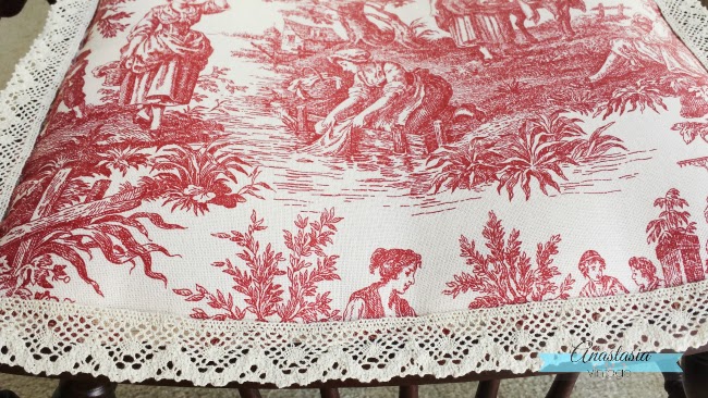 antique Victorian seat red toile fabric upholstery