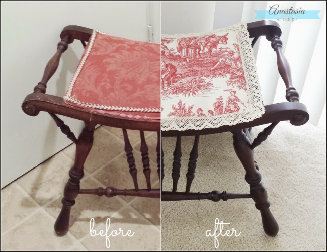 antique mahogany Victorian seat before and after stain red toile reupholstery